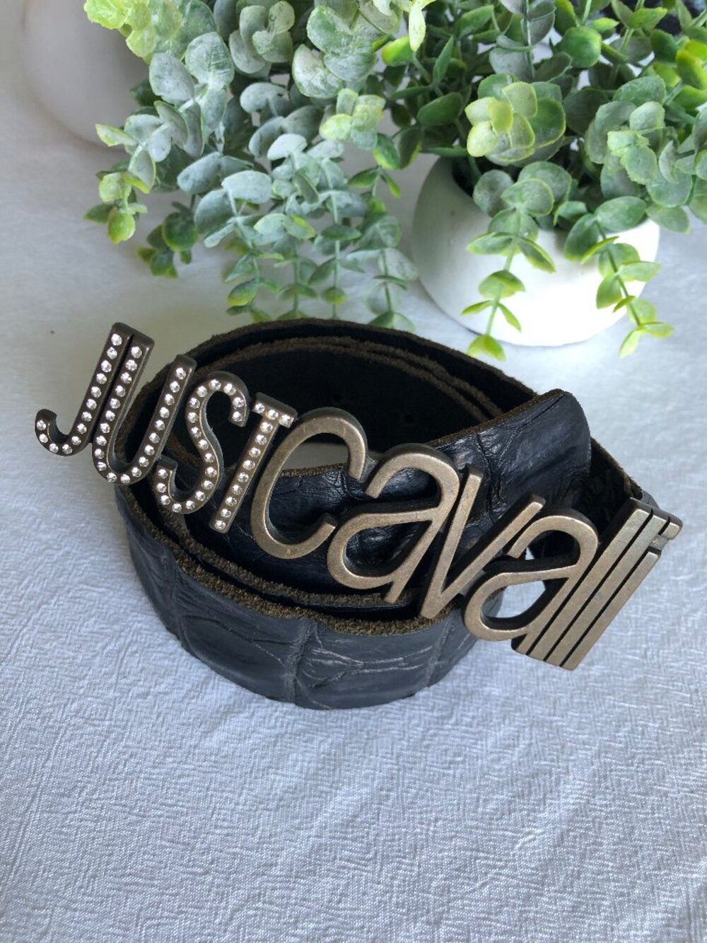 Just Cavalli Leather Embossed Croc Belt, Bronze Toned Buckle with Rhinestones - Picture 3 of 12